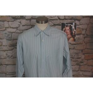 Brooks Brothers Madison Dress Shirt Mens 17-33 Blue Green Stripe Egyptian Cotton